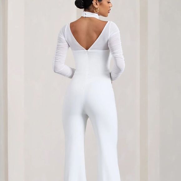 Club L London Fallon  flared leg jumpsuit with long mesh sleeves neck wrap - Picture 5 of 16